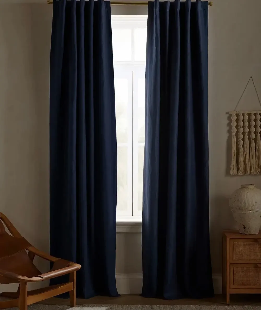 Quince European Linen True Blackout Curtain Single Panel Navy 96x96 NWT